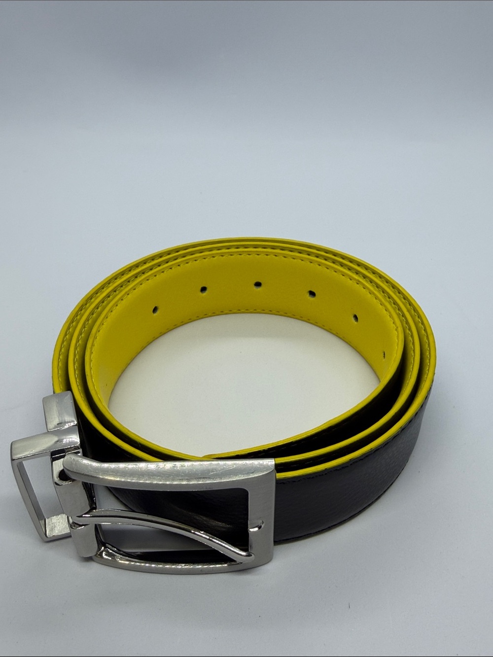 Men's Two-Tone Black and Yellow Leather Belt with Silver Buckle